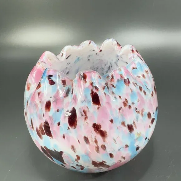 Czech Art Glass Rose Bowl Dish Hand Blown Multicolor Spots Bowl Ruffled‎ Edges - Picture 12 of 14